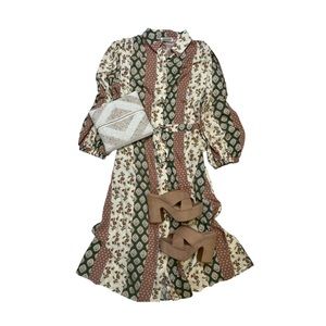 FOX AND HEN-Olive Mixed Print Midi